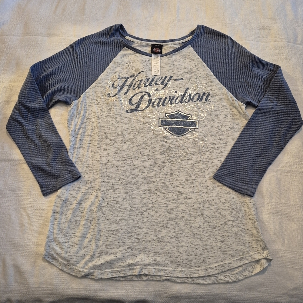 Harley Davidson women's XL gray & light blue long sleeve shirt VGUC